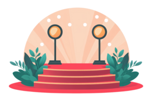 A vibrant stage featuring two spotlight stands, surrounded by lush foliage and decorated with red carpet steps. png