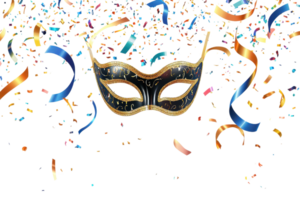 A decorative masquerade mask embellished with glitter and surrounded by colorful confetti and ribbons, suggesting a festive atmosphere. png
