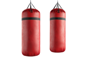 Two red punching bags, designed for training and fitness, hanging side by side with a smooth surface and black trim detailing. png