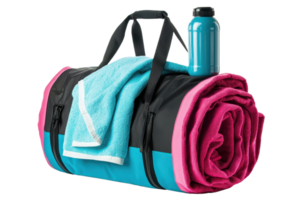 A vibrant gym bag lays rolled with a towel and a water bottle perched atop, showcasing its stylish design and functional elements. png