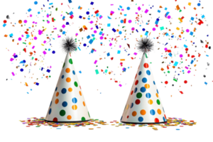 Two party hats with vibrant polka dots are displayed, surrounded by colorful confetti, creating a festive atmosphere. png
