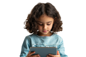 A young girl focused on a tablet, displaying curiosity and engagement while interacting with the screen. png