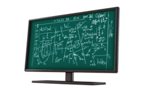 A digital display featuring complex mathematical equations and diagrams on a chalkboard-style background. png
