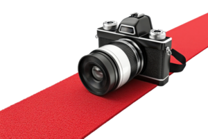 A vintage camera positioned on a red strip against a transparent background, highlighting photography and artistic expression. png