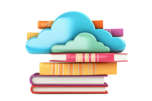 A colorful stack of books topped with stylized clouds, symbolizing the connection between literature and digital technology. png