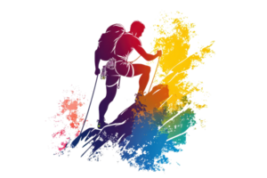 A vibrant silhouette of a hiker ascending a colorful splash representing adventure and outdoor exploration. png