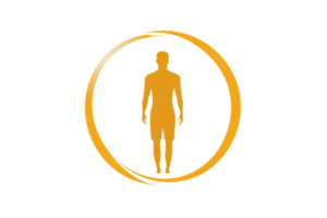 A stylized human figure in orange, enclosed within a circular design, representing health and fitness themes. png