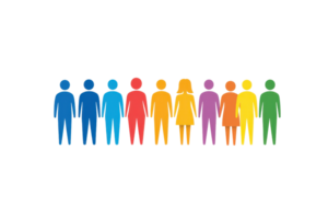A sequence of colorful stylized figures representing diversity in gender and ethnicity. png