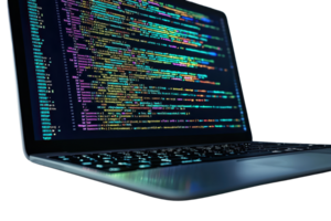 A sleek laptop displaying colorful lines of code on its screen. png