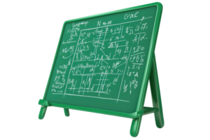 A green chalkboard displaying various mathematical equations and diagrams. png