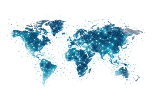 A stylized representation of the world map highlighting interconnected networks and digital nodes. png