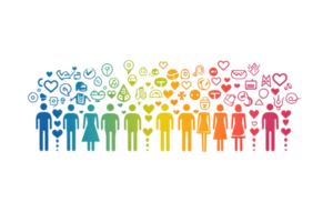 A colorful representation of diverse figures and icons symbolizing love, relationships, and various emotions. png