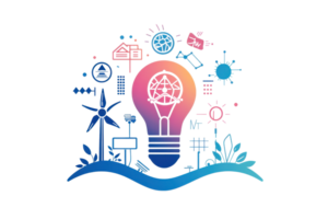 A vibrant light bulb design incorporating symbols of sustainable energy and technology. png