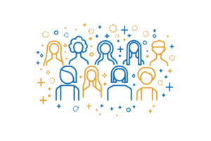 Line art of diverse people with various hairstyles and features, depicted in bright colors against a dark backdrop, symbolizing community and connection. png