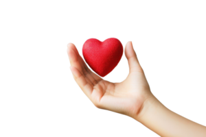 A hand holds a vibrant red heart against a transparent background, symbolizing love, care, and compassion. png