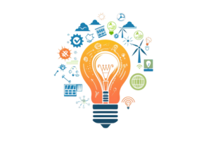 A colorful light bulb with various icons representing innovation, technology, and creativity surrounding it. png