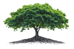 A large, lush green tree with a strong trunk and extensive roots, showcasing vibrant foliage and a solid structure. png