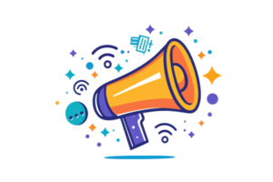 A vibrant illustration of a megaphone surrounded by playful patterns and sound waves, symbolizing communication and announcement. png