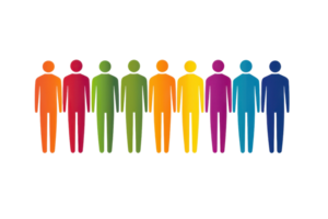 A colorful lineup of stylized human figures, each represented in a different vibrant shade, showcasing diversity and unity. png