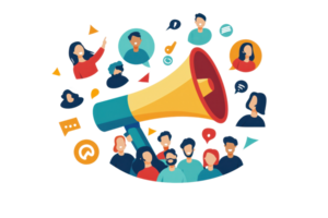 A colorful megaphone surrounded by various user icons, symbolizing communication and interaction in a digital environment. png