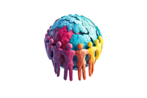 A colorful globe surrounded by stylized human figures, symbolizing unity and collaboration across cultures. png