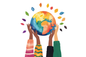Colorful hands uplift a vibrant globe, symbolizing unity and global care through diverse participation. png