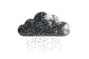 A stylized cloud featuring intricate patterns and designs, with digital rain-like elements descending from it. png