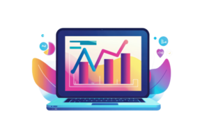 A colorful laptop displaying a digital graph with rising bars and lines, symbolizing data analysis and growth. png