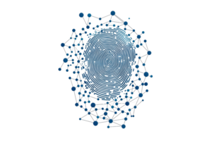 A blue fingerprint design with circular motifs radiating outward, symbolizing identity and uniqueness. png