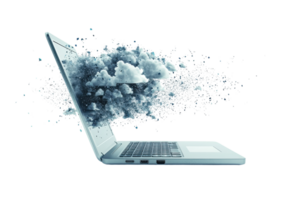 A laptop appears to emit clouds, creating a surreal representation of digital creativity or imagination. png