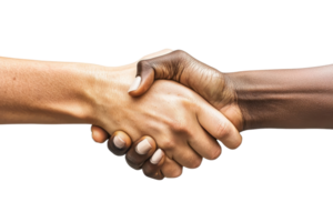 A close-up of two hands shaking, symbolizing partnership and unity between diverse individuals. png