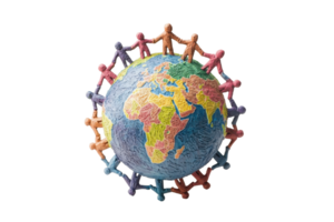 A globe surrounded by colorful paper figures, symbolizing global unity and collaboration among diverse cultures. png