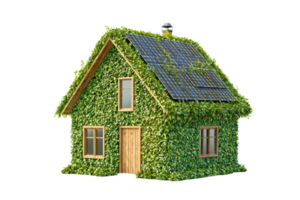 A lush, green house adorned with solar panels, showcasing an eco-friendly design integrated with nature. png