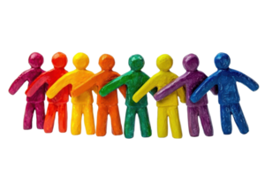 Colorful, figurative representations of people linked together, showcasing unity and diversity in a playful design. png