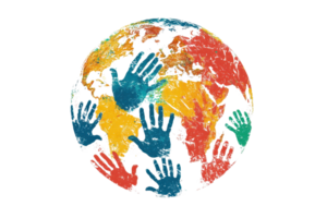 A colorful depiction of the Earth surrounded by handprints, symbolizing unity and global collaboration. png