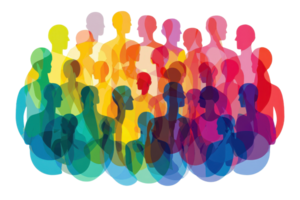 A vibrant array of diverse silhouettes representing community and connection, showcasing a blend of colors and overlapping figures. png