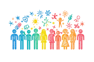 A colorful illustration of diverse stick figures representing community, connection, and collaboration. png