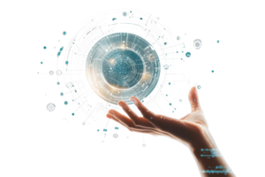 A hand reaches out toward a luminous orb displaying intricate patterns and digital elements, symbolizing technology and connectivity. png