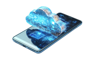 A smartphone displays a digital cloud with interconnected data elements, symbolizing cloud computing and data storage. png