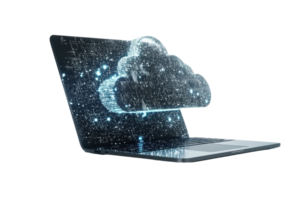 A laptop with a digital cloud formation, symbolizing cloud computing and data transfer. png