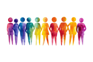 A vibrant arrangement of diverse, colorful human figures standing in a row, showcasing unity and variety in form and color. png