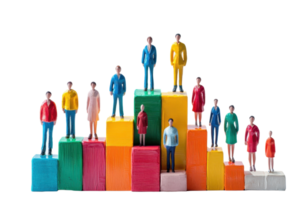 A group of colorful figurines stands on varying-height blocks, representing different levels or achievements. png