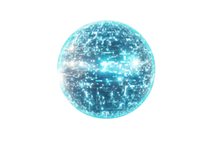A glowing digital sphere filled with interconnected data points, representing technology and connectivity. png