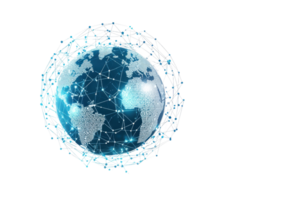 A digital representation of Earth connected by a network of nodes and lines, illustrating global connectivity and technology. png