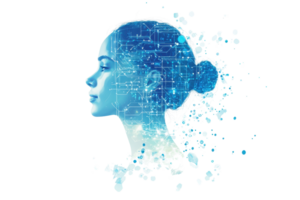 A digitally stylized profile of a woman with a blue, geometric overlay and abstract elements. png