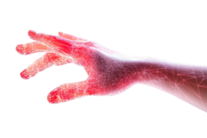 A glowing hand with a network of lines and nodes, symbolizing technology and connectivity. png