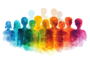 A colorful representation of diverse human figures blending together, showcasing unity and collaboration. png