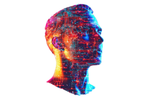 A vibrant, abstract profile of a head showcasing a mix of colorful digital patterns and data streams. png