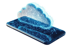A digital representation of a phone displaying a cloud, symbolizing connectivity and data storage in a sleek design. png