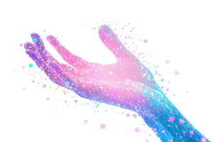 A colorful hand extended, adorned with vibrant splashes of color resembling cosmic energy. png